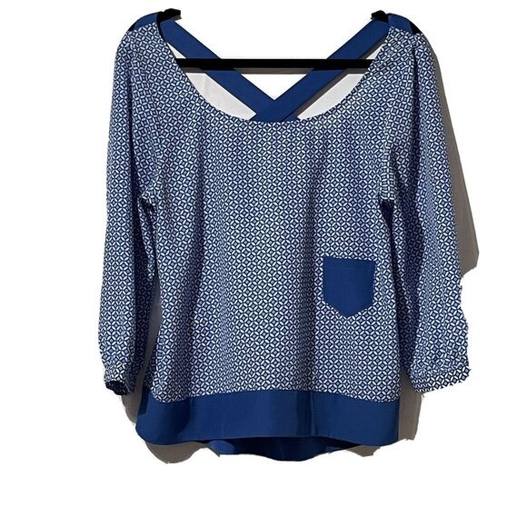 BCBGeneration Blue Patterned Blouse Size M Crisscross Back & Pocket Polyester - Picture 1 of 8